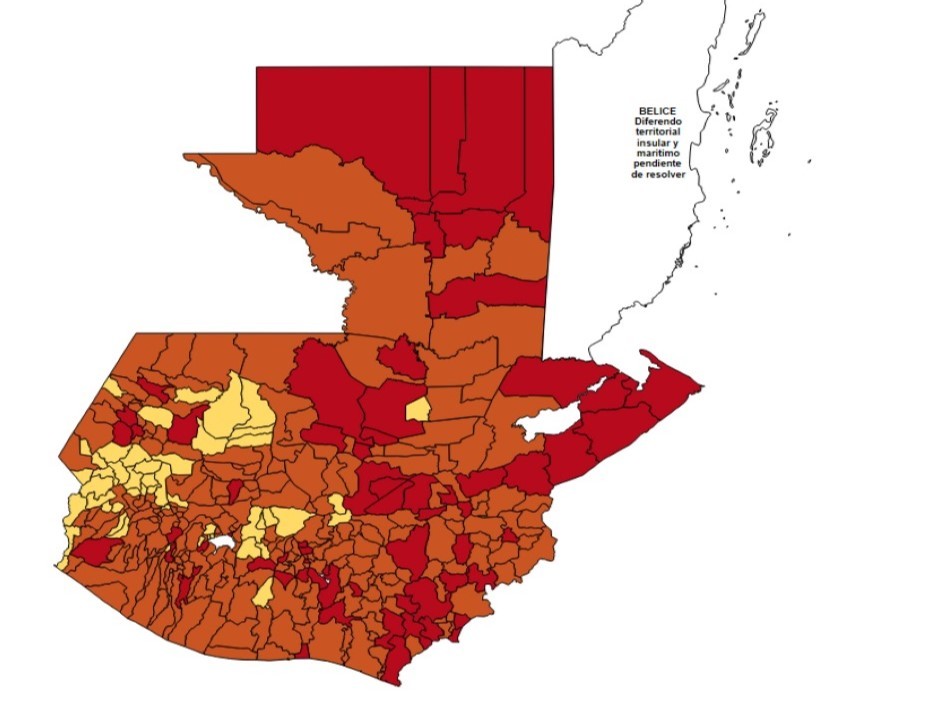 Quetzaltenango: 18 municipios en naranja, 4 en amarillo y 2 en rojo 